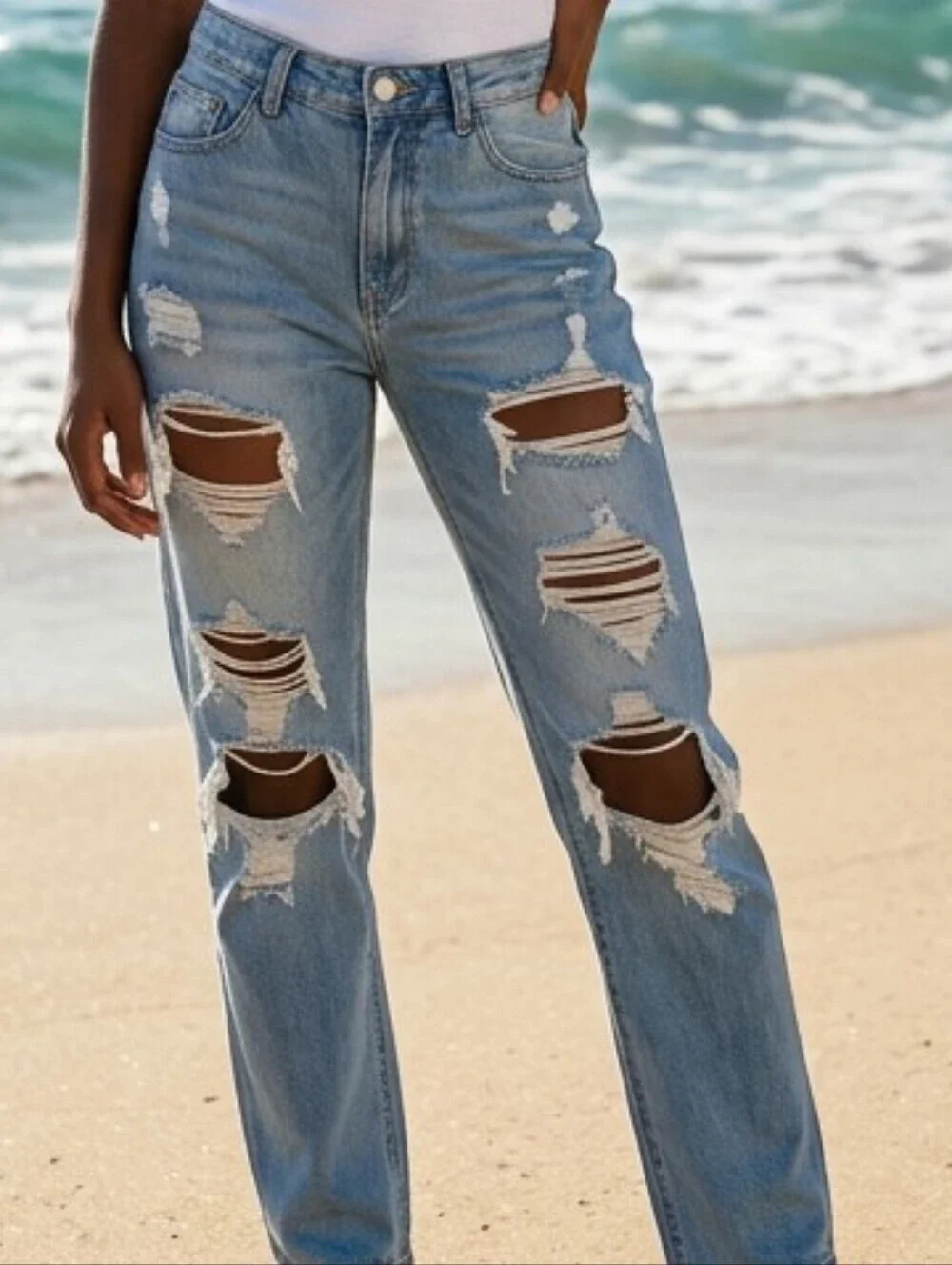 Women's Vintage Grunge Blue Distressed Shredded Straight Leg Jeans